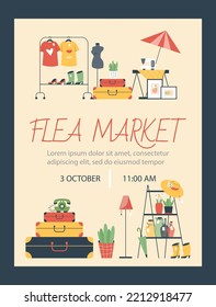 Poster about flea market flat style, vector illustration isolated on dark background. Date and time of event, place for text. Clothes on hangers, suitcases, accessories and decor items