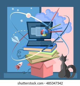 Poster about graphic design, illustration in a flat style, computer and accessories artist. Vector illustration