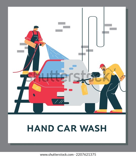 Poster about hand car wash service\
flat style, vector illustration isolated on gray background. Two\
men wash red car together, special equipment,\
teamwork