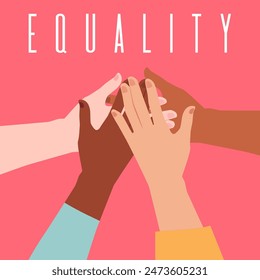 Poster about human equality. Vector illustration of folded hands in different skin tones, symbolizing unity and cooperation. Flat design with space for text.
