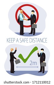 Poster about keeping safe distance due to pandemic alert (covid-19, etc). Two office workers/businessmen shake hands or stand at a distance of 2 meters from each other. Restriction sign & allow mark.