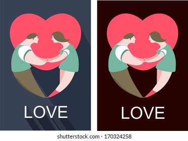 poster about love in a retro style with dancing people on a background of heart