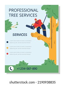 Poster About Professional Tree Services Flat Style, Vector Illustration Isolated On White Background. Man With Special Equipment Trimming Tree, Place For Text, Phone Number