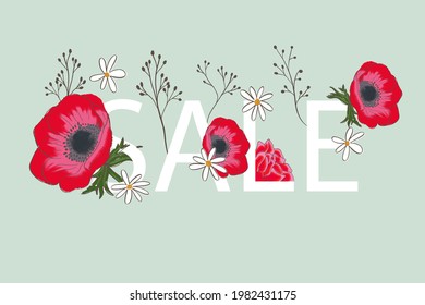Poster about the summer sale on geometric background with beautiful Poppy Flowers, Lettering, calligraphy. A seasonal discount. Vector illustration