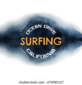 Poster about surfing.  Dark abstract  watercolor background with paper texture. Vector template for card,  banner, print for t-shirt. 