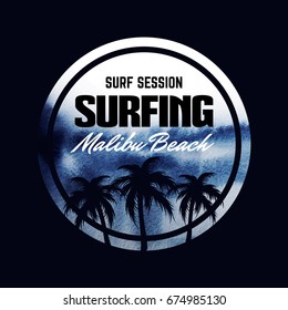 Poster about surfing.  Dark abstract  watercolor background with paper texture. Vector template for card,  banner, print for t-shirt. 