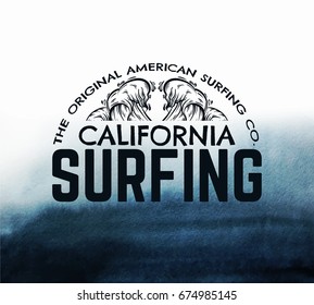 Poster about surfing.  Dark abstract  watercolor background with paper texture. Vector template for card,  banner, print for t-shirt. 