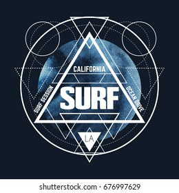 Poster about surfing.  Dark abstract  watercolor background with paper texture. Vector template for card,  banner, print for t-shirt. 