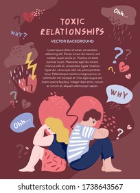 Poster about a toxic relationship between people. Man and woman sit with their backs to each other against the background of a heart with a crack. Concept of discord in the family. Vector illustration