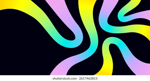 Poster with abstract 3d rainbow curve smooth line, neon gradient pattern. Web banner with empty text box, swirled colored ribbon shape on black background. Vector EPS10 1920, 1080