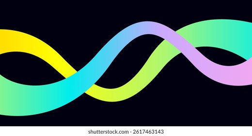 Poster with abstract 3d rainbow curve smooth wavy line, neon gradient pattern. Banner with empty text box, swirled colored ribbon shape on black background. Vector EPS10