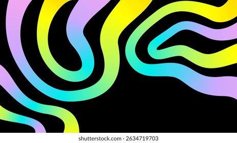 Poster with abstract 3d rainbow curve smooth line, neon gradient pattern. Web banner with empty text box, swirled dynamic liquid colored ribbon shape on black background. Vector EPS10 1920, 1080