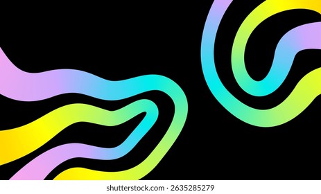 Poster with abstract 3d rainbow curve smooth line, neon gradient pattern. Banner with empty text box, curve dynamic liquid colored ribbon shape on black background. Vector EPS10 1920, 1080