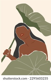 Poster abstract beautiful girl in summer with tropical leaves. Vector graphics.