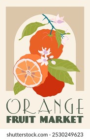 Poster in a abstract draw design. Fruit Market retro poster with orange fruits branch and leaves. Modern interior decoration.