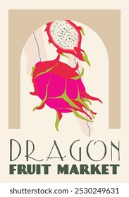 Póster en un diseño de dibujo abstracto. Cartel retro del mercado de frutas con ramas de frutas de dragón y hojas. Decoración interior moderna.