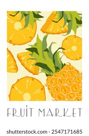 Póster en un diseño de dibujo abstracto. Cartel retro del mercado de frutas con ramas de frutas de piña y hojas. Decoración interior moderna.
