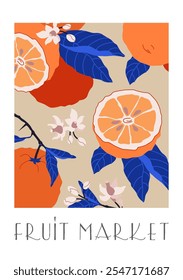Poster in abstraktem Zeichnungsdesign. Fruit Market Retro-Poster mit Orangenfruchtzweig und Blättern. Moderne Inneneinrichtung.