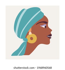 Poster with an abstract female African portrait in a turban and large earrings. The face of a woman with dark skin. Vector print for clothing and posters. Art for a fashion project.