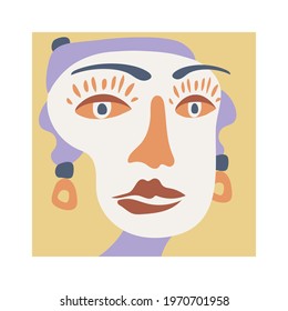 Poster with an abstract female portrait. Woman's face of simple geometric shapes. Minimalism, pastel earth tones. Vector print for clothing and posters. Art for a fashion project.