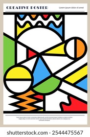 Das Poster. Abstrakte geometrische Zusammensetzung mit farbigen Elementen. Eine Idee für Innenarchitektur, Gemälde, Banner und kreatives Design
