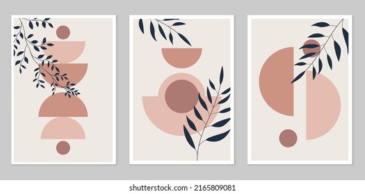 Poster with abstract geometric, natural shapes in the style of the mid-century. Boho style. Modern illustration: for minimalist printing, poster, wall decor. Composition of simple figures.
