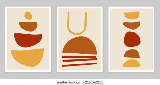 Poster with abstract geometric, natural shapes in the style of the mid-century. Boho style. Modern illustration: for minimalist printing, poster, wall decor. Composition of simple figures.