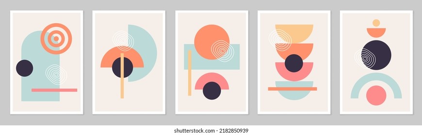 Poster with abstract geometric, natural shapes in the style of the mid-century. Boho style. Modern illustration: for minimalist printing, poster, wall decor. Composition of simple figures.