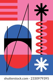 Poster with abstract geometric shapes circles. Minimalist design. Minimalism. Multicolor background. Bauhaus. Decoration, wallpaper, presentations. Vector illustration