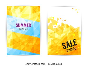 Poster Abstract geometric. Vertical summer Sale banner. Bright sun rays and triangles. Vector illustration.