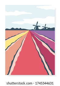 Poster with abstract hand drawn tulip fields and mills. Netherlands landscape. Mills in the blooming tulip field. Field of tulips, flat design.