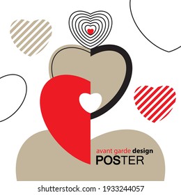 Poster with abstract hearts on a white background. Avant-garde design 