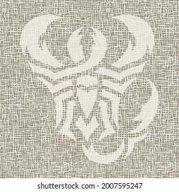 Poster with an abstract image of a scorpion. Rough linen canvas, weaving, burlap. Gray, beige and brown colors. Aging, scratch effect. Vector illustration.