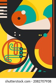 Poster with abstract music instruments. Creative placard design in flat style.