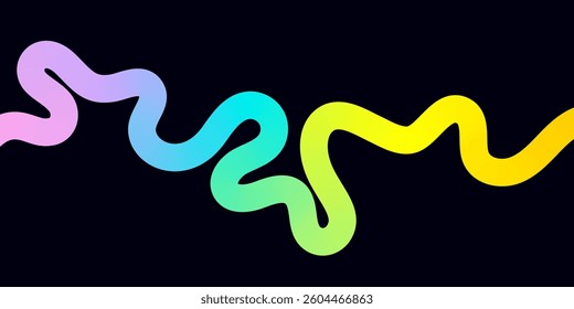 Poster with abstract river, snake, rainbow curve smooth line, neon gradient. Empty web banner with swirled colored ribbon shape on black background. Vector EPS10 1920, 1080