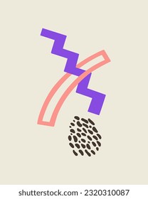 Poster with abstract shapes. Geometric element arc, ladder, dot, drop, polka dot. Groovy contemporary illustration for poster, kids, decoration, print, social post and stories. 
