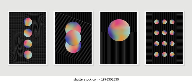 Cartel con formas abstractas. Gradiente holográfico. Fondo negro con rayas. Líneas delgadas de malla blanca. Resumen de colección vectorial de artes murales. Mínimo arte mural.