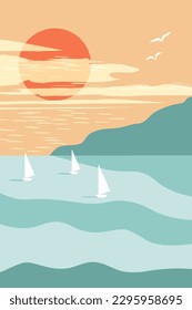 Poster with abstract summer landscape. The sea with boats under sail, the dawn of the sun. Vector graphics.