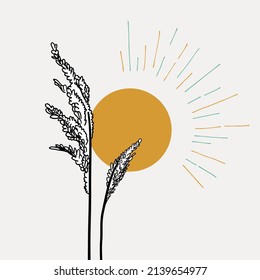 Afiche con sol abstracto con elemento floral. Cortaderia selloana, césped decorativo para el interior, planta seca estabilizada. Boho y eco, scandi, minimalismo, diseño de loft. Línea dibujada a mano