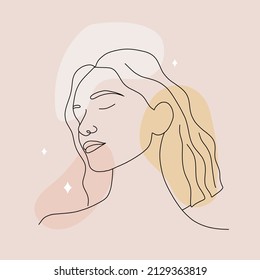 Poster with abstract woman face. Minimalist female portrait on colored spots. Hand drawn outline female silhouette. Vector illustration in one line drawing style. Beauty fashion design.