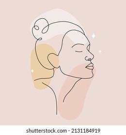 Poster with abstract woman face. Minimalist female portrait on colored spots. Hand drawn outline female silhouette. Vector illustration in one line drawing style. Beauty fashion design.