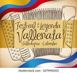 Poster with a accordion in hand drawn style and the flags of Colombia and Valledupar commemorating the Vallenato Legend Festival (written in Spanish).