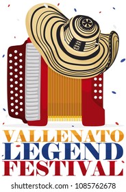 Poster With Accordion And Traditional Vueltiao Hat Under A Confetti Shower To Celebrate The Colombian Vallenato Legend Festival.