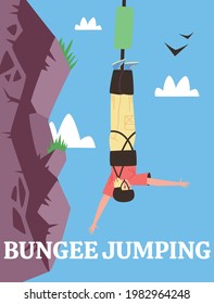 Poster for advertise extreme sport and fun adrenaline entertainment. Man bungee jumping and fly head first in free fall. Vector flat cartoon illustration.