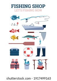 Poster with advertise of fishing shop sale fishing equipment for catch fish. Hobby of fisherman, adventure, trip, leisure and activity outdoors. Vector illustration.