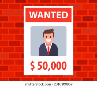a poster with an advertisement for the wanted young man. reward for information about the lost man. flat vector illustration.
