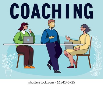 Poster Advertising Business Coaching Courses. Professional Growth Promotion. Invitation on Financial Tutoring. Cartoon Classroom with Trainer and Male Female Students Speaking. Vector Illustration