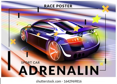 Poster advertising for cars, motor racing. Vector illustration. Detailed sports car with 

stylized elements.