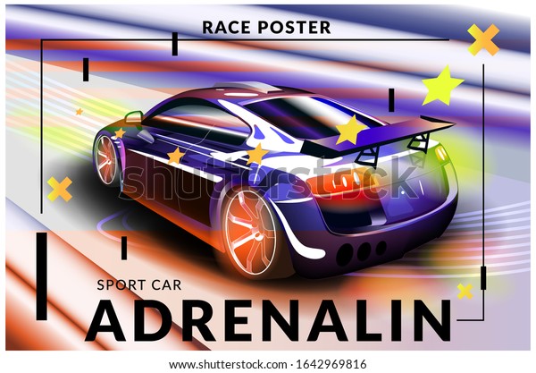 Poster advertising
for cars, motor racing. Vector illustration. Detailed sports car
with 

stylized
elements.