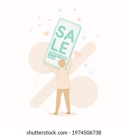 A poster advertising discounts and sales in the store. Flat vector illustration in a modern style. A man buys a smartphone. Conceptual illustration. A minimalistic banner for the design.